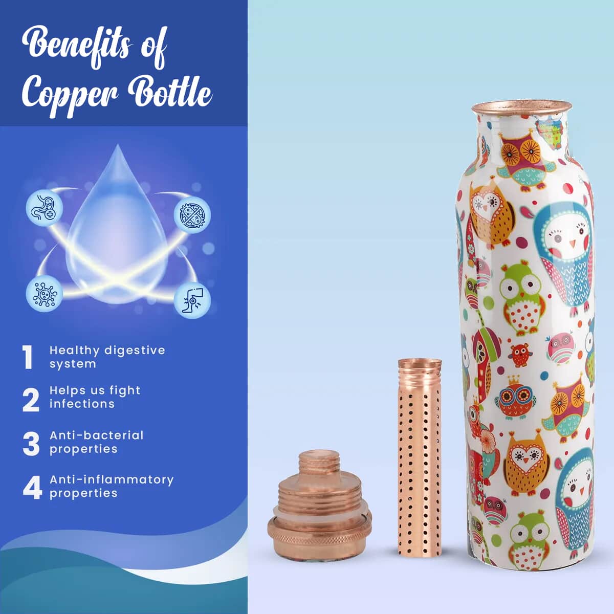 Homesmart Owl Printed Solid Copper Bottle with Shungite and Copper Infuser 33.81 oz image number 3