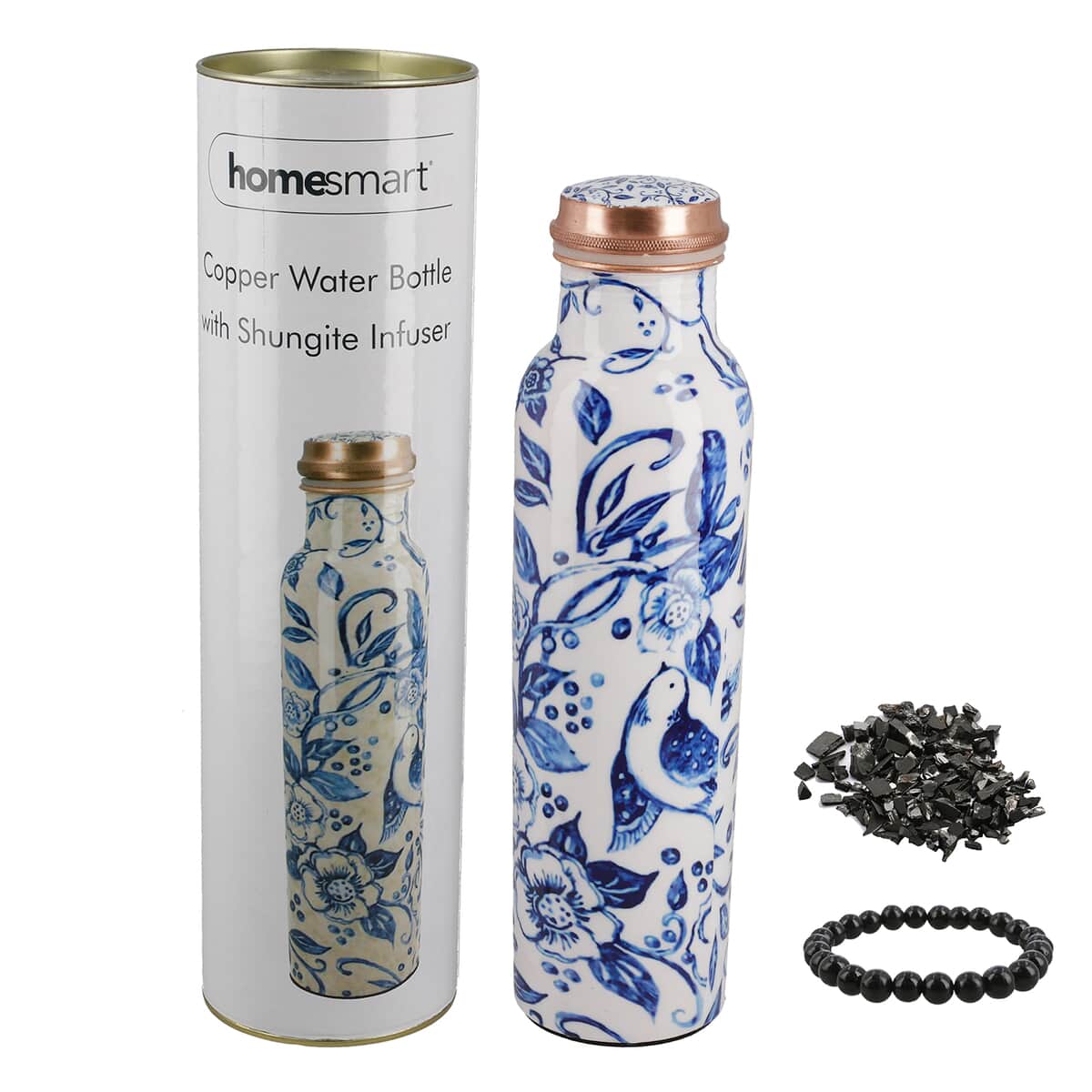 Homesmart Bird and Floral Printed Solid Copper Bottle with Shungite and Copper Infuser 33.81 oz image number 0