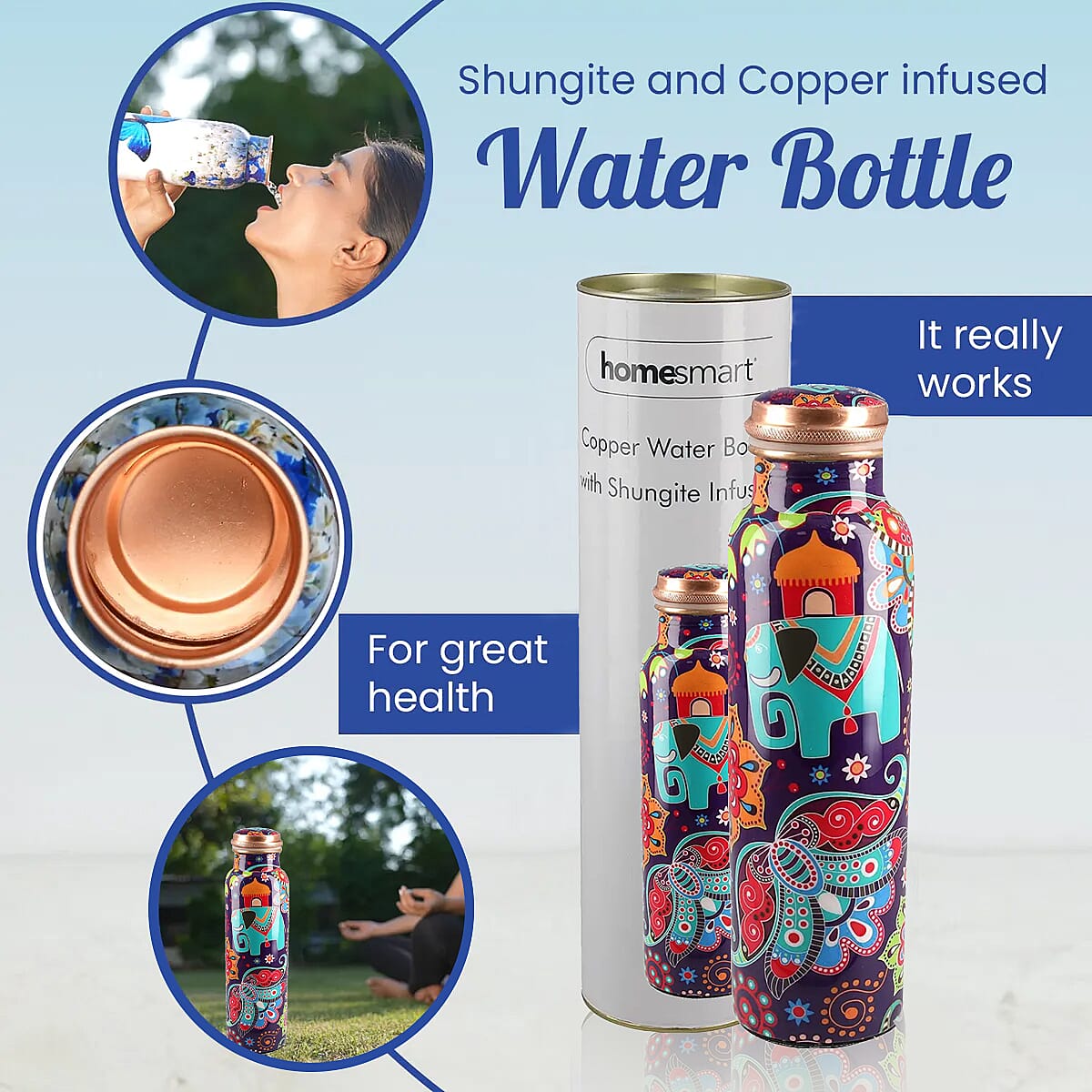 Homesmart Elephant Printed Solid Copper Bottle with Shungite and Copper Infuser 33.81 oz image number 2