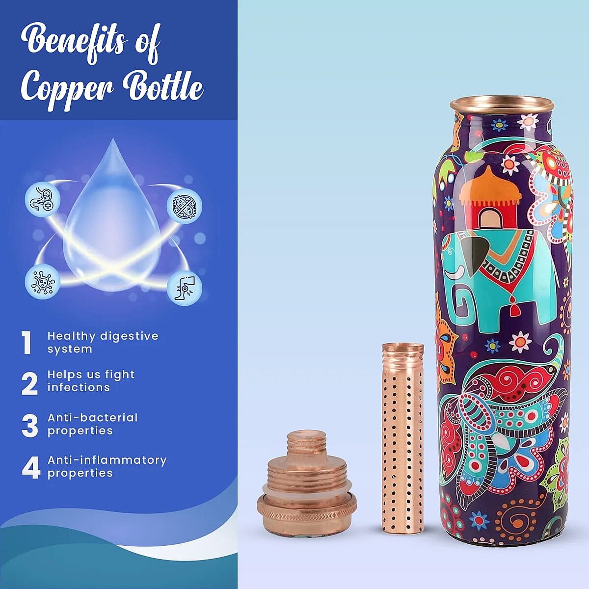 Homesmart Elephant Printed Solid Copper Bottle with Shungite and Copper Infuser 33.81 oz image number 3