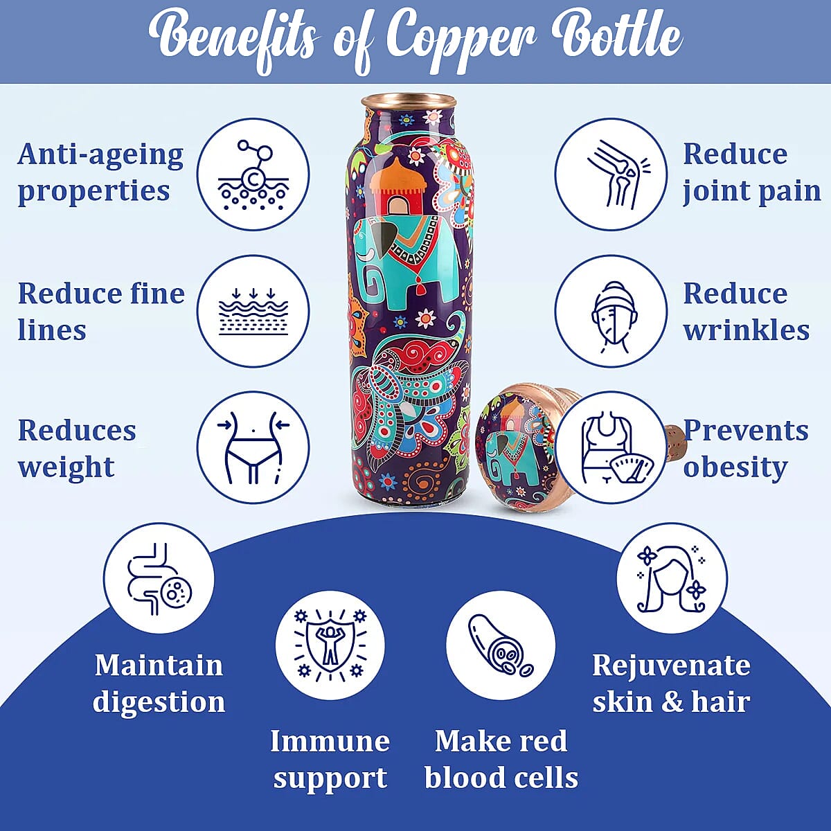 Homesmart Elephant Printed Solid Copper Bottle with Shungite and Copper Infuser 33.81 oz image number 4