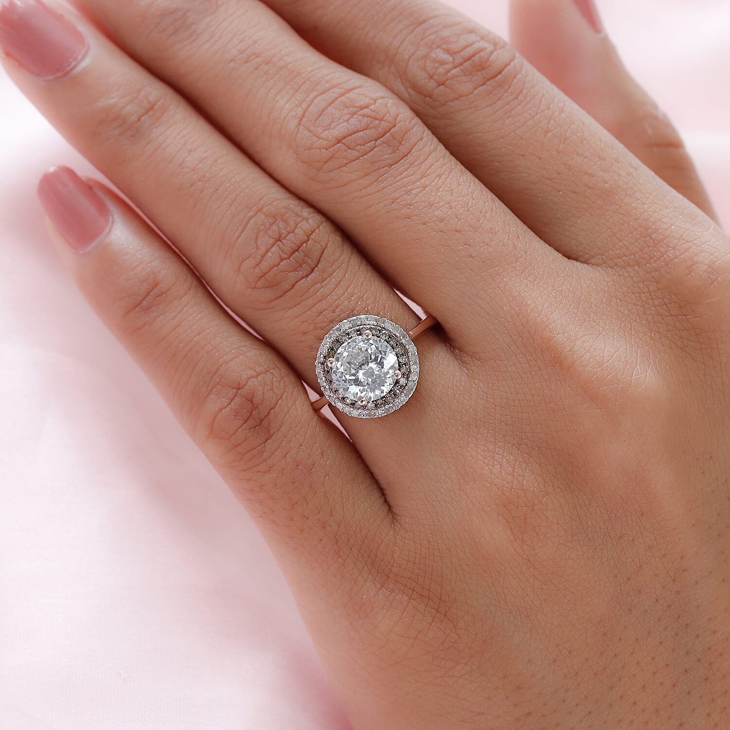 120 Facets Moissanite, Natural Champagne and White Diamond Double Halo Ring in Vermeil Rose Gold Over Sterling Silver (Size 10.0) 2.15 ctw