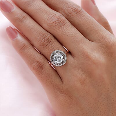 120 Facets Moissanite, Natural Champagne and White Diamond Double Halo Ring in Vermeil Rose Gold Over Sterling Silver (Size 10.0) 2.15 ctw
