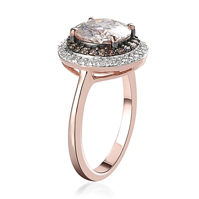 120 Facets Moissanite, Natural Champagne and White Diamond Double Halo Ring in Vermeil Rose Gold Over Sterling Silver (Size 10.0) 2.15 ctw