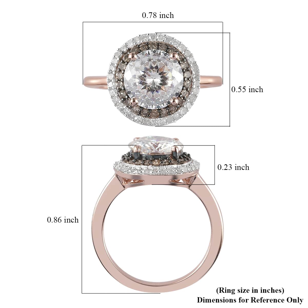 120 Facets Moissanite (Rnd 8mm) (VS-EF), Natural Champagne and White Diamond (0.40 cts) Double Halo Ring in Vermeil RG Over Sterling Silver (Size 10.0) 2.15 ctw image number 5