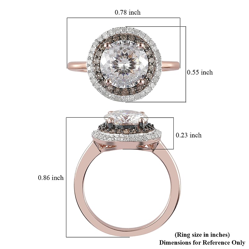 120 Facets Moissanite, Natural Champagne and White Diamond Double Halo Ring in Vermeil Rose Gold Over Sterling Silver (Size 10.0) 2.15 ctw