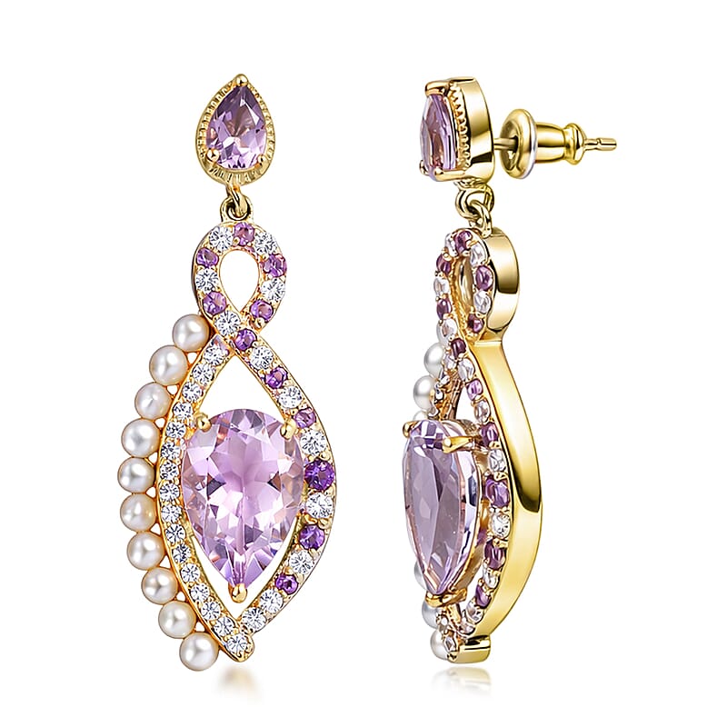 Rose De France Amethyst and Multi Gemstone 7.35 ctw Earrings in 18K Vermeil Yellow Gold Over Sterling Silver