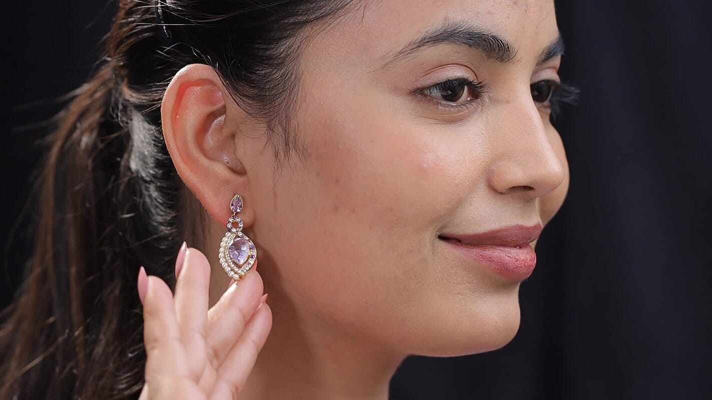 Rose De France Amethyst and Multi Gemstone 7.35 ctw Earrings in 18K Vermeil Yellow Gold Over Sterling Silver
