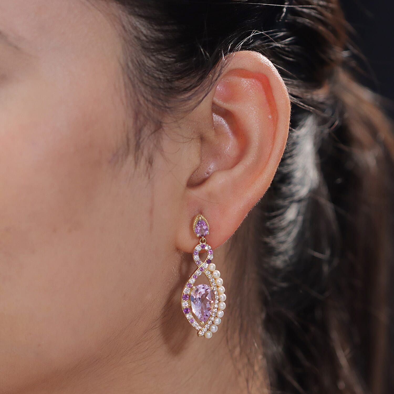 Rose De France Amethyst and Multi Gemstone 7.35 ctw Earrings in 18K Vermeil Yellow Gold Over Sterling Silver