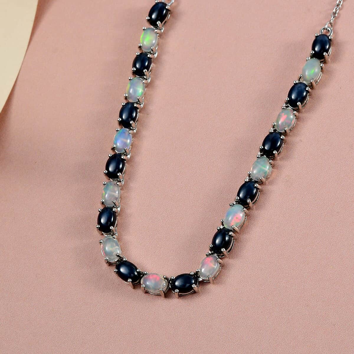 Blue Star Sapphire (DF) and Ethiopian Welo Opal Necklace 18 Inches in Platinum Over Sterling Silver 12.35 ctw image number 1