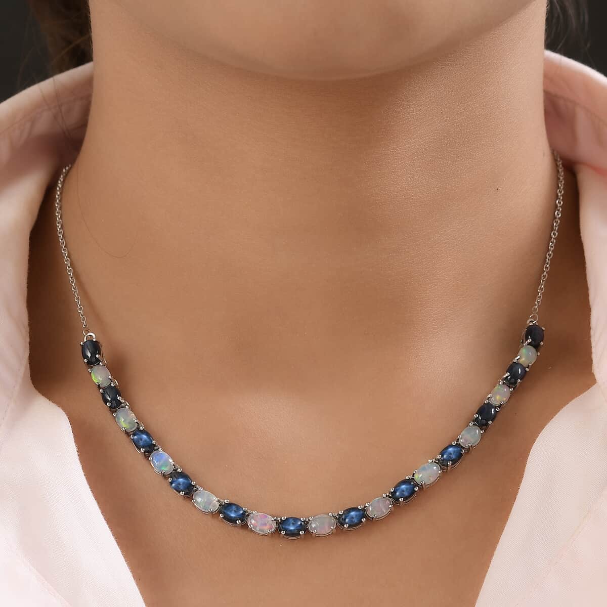 Blue Star Sapphire (DF) and Ethiopian Welo Opal Necklace 18 Inches in Platinum Over Sterling Silver 12.35 ctw image number 2