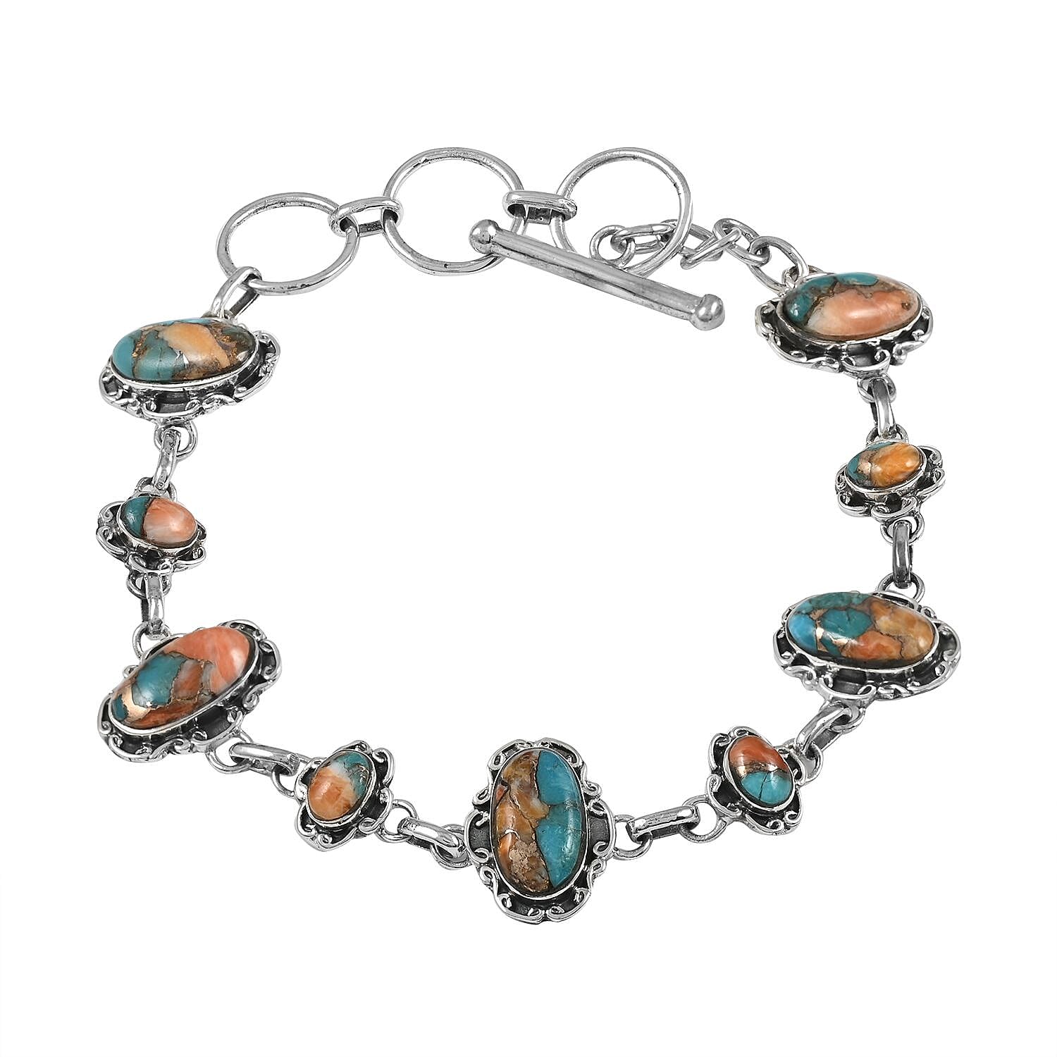 Santa Fe Style Spiny Turquoise Bracelet in Sterling Silver (7-8.0In) 2.00 ctw