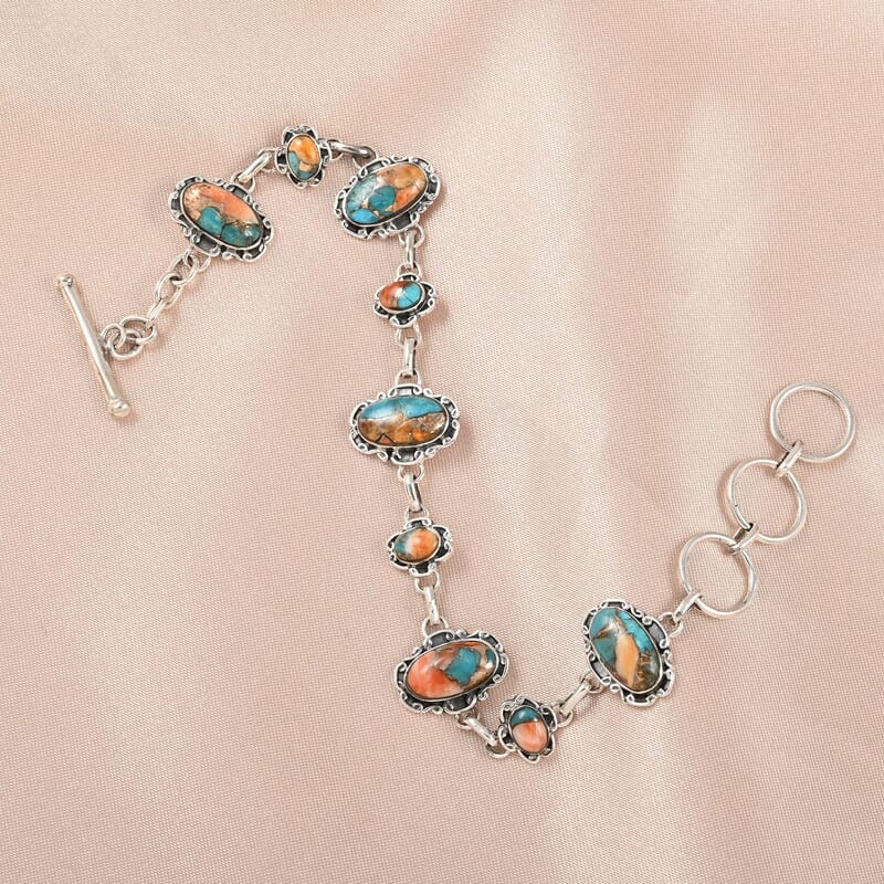 Santa Fe Style Spiny Turquoise Bracelet in Sterling Silver (7-8.0In) 2.00 ctw