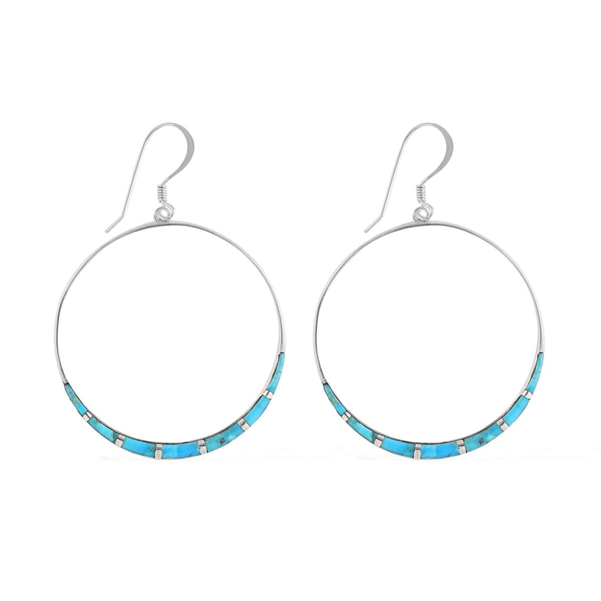 SANTA FE Style Kingman Turquoise Hanging Hoop Earrings in Sterling Silver 8.00 ctw image number 0