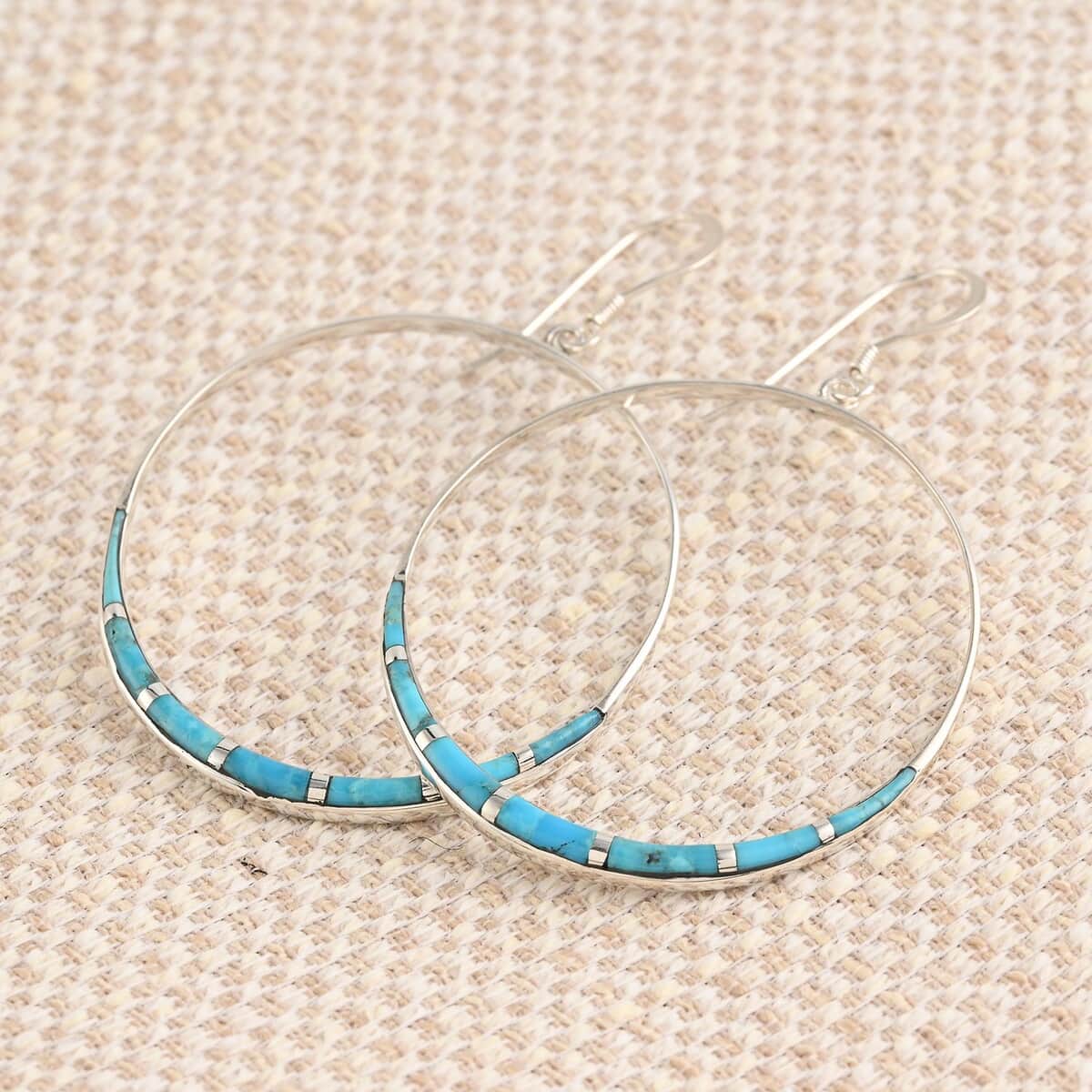 SANTA FE Style Kingman Turquoise Hanging Hoop Earrings in Sterling Silver 8.00 ctw image number 1