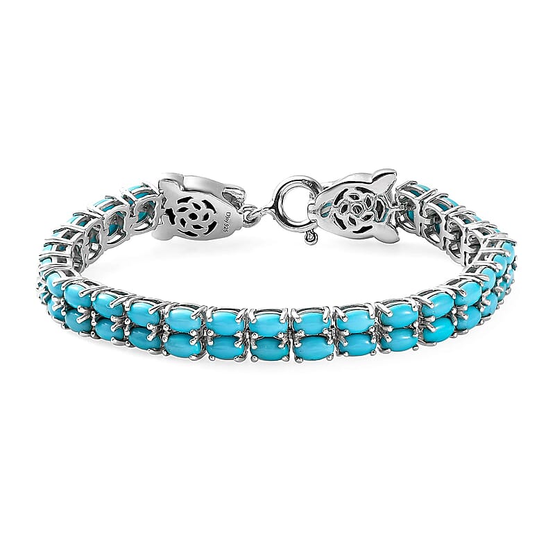 American Natural Sleeping Beauty Turquoise and Thai Black Spinel Double Row Tennis Bracelet in Platinum Over Sterling Silver (6.50 In) 14.80 Grams 8.75 ctw
