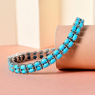 American Natural Sleeping Beauty Turquoise and Thai Black Spinel Double Row Tennis Bracelet in Platinum Over Sterling Silver (6.50 In) 14.80 Grams 8.75 ctw