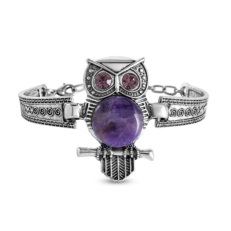 Amethyst, Purple Austrian Crystal Owl Bracelet in Silvertone (7-9In) 20.00 ctw