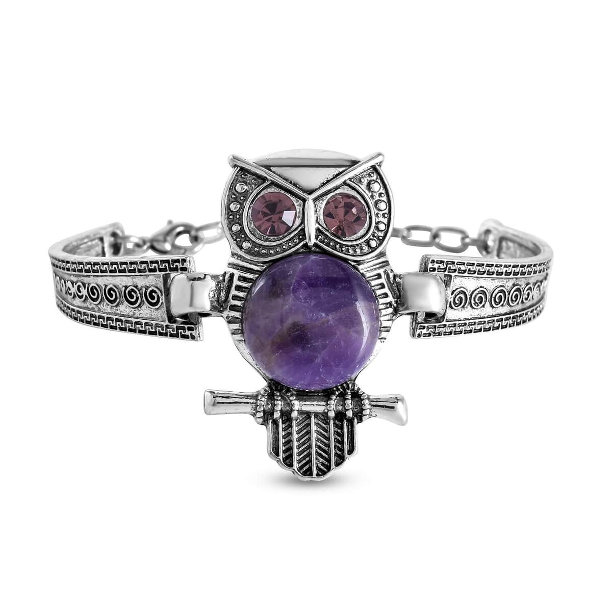 Amethyst, Purple Austrian Crystal Owl Bracelet in Silvertone (7.00 In) 20.00 ctw image number 0