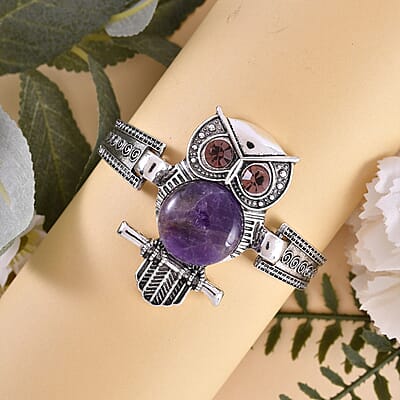 Amethyst, Purple Austrian Crystal Owl Bracelet in Silvertone (7-9In) 20.00 ctw