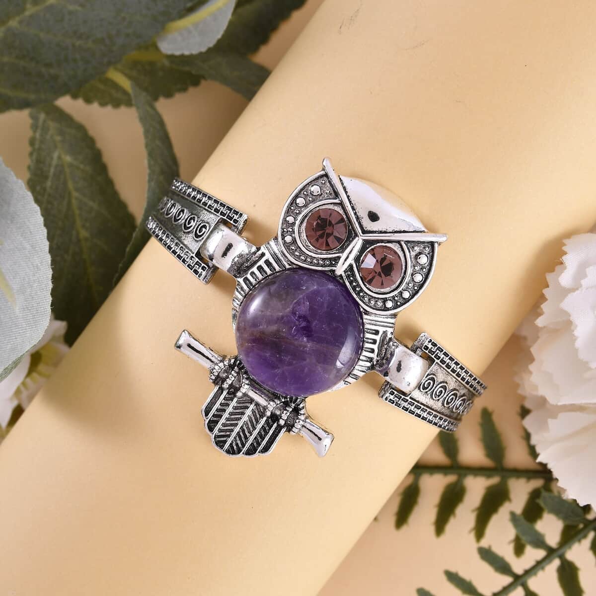 Amethyst, Purple Austrian Crystal Owl Bracelet in Silvertone (7-9In) 20.00 ctw image number 1