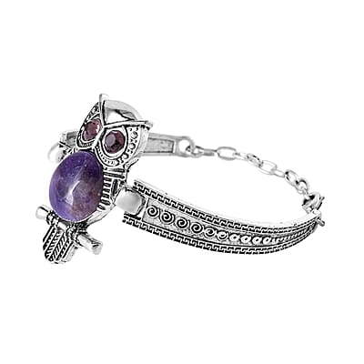 Amethyst, Purple Austrian Crystal Owl Bracelet in Silvertone (7-9In) 20.00 ctw