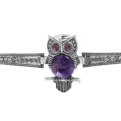 Amethyst, Purple Austrian Crystal Owl Bracelet in Silvertone (7-9In) 20.00 ctw
