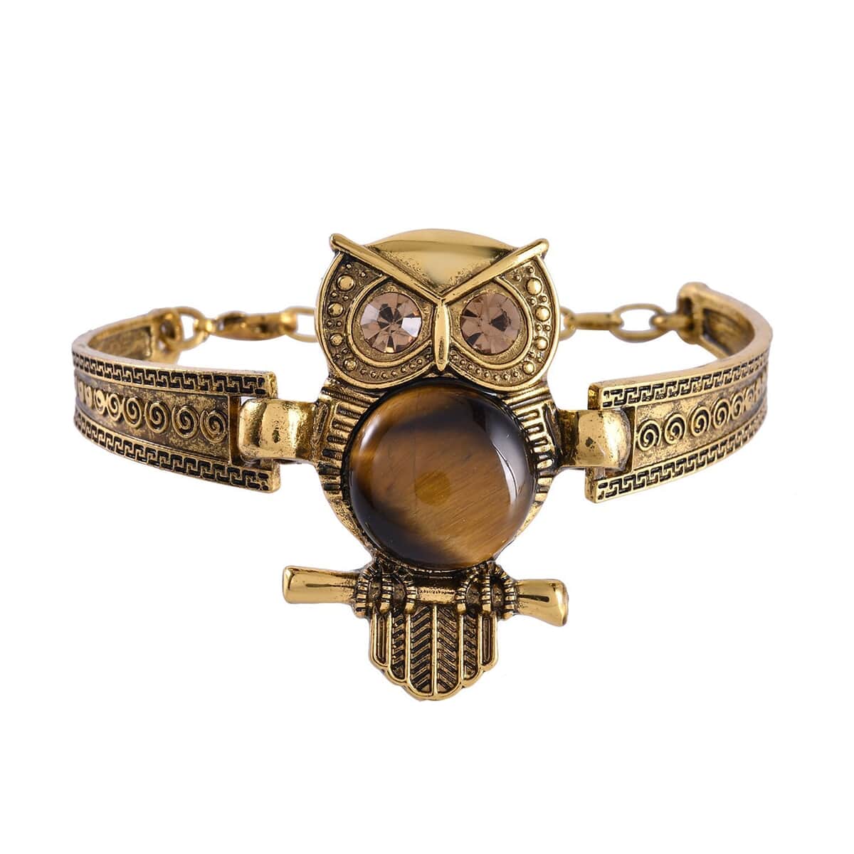 Tiger's Ey and Champagne Austrian Crystal Owl Bracelet in Goldtone (7-9In) 20.00 ctw image number 0