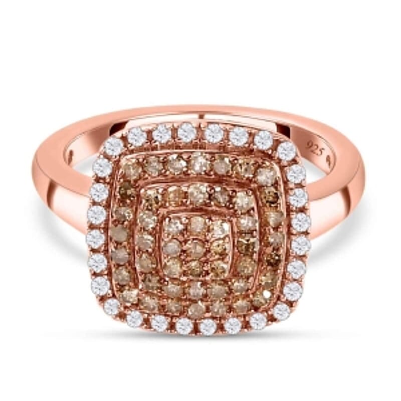 Natural Champagne and White Diamond 0.75 ctw Cluster Ring in Vermeil Rose Gold Over Sterling Silver (Size 11.5)