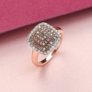 Natural Champagne and White Diamond 0.75 ctw Cluster Ring in Vermeil Rose Gold Over Sterling Silver (Size 11.5)