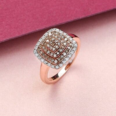 Natural Champagne and White Diamond 0.75 ctw Cluster Ring in Vermeil Rose Gold Over Sterling Silver (Size 11.5)