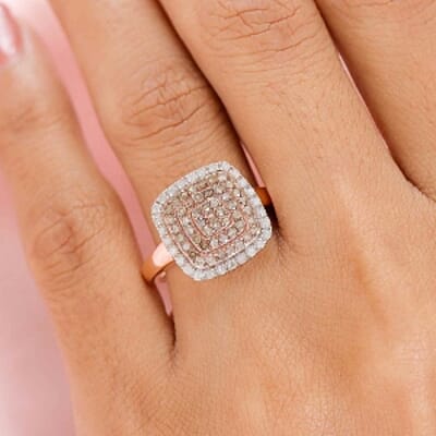 Natural Champagne and White Diamond 0.75 ctw Cluster Ring in Vermeil Rose Gold Over Sterling Silver (Size 11.5)