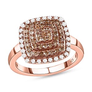 Natural Champagne and White Diamond 0.75 ctw Cluster Ring in Vermeil Rose Gold Over Sterling Silver (Size 11.5)
