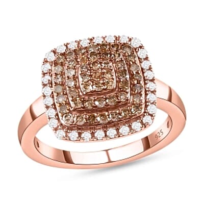 Natural Champagne and White Diamond 0.75 ctw Cluster Ring in Vermeil Rose Gold Over Sterling Silver (Size 11.5)