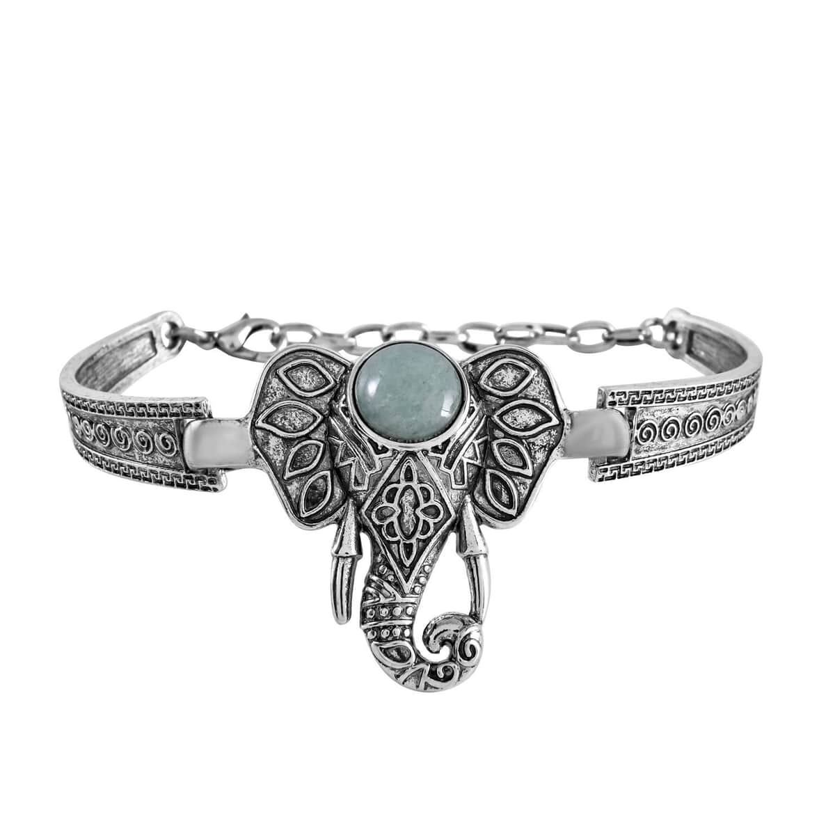Green Aventurine Elephant Bracelet in Silvertone (7-9In) 5.00 ctw image number 0