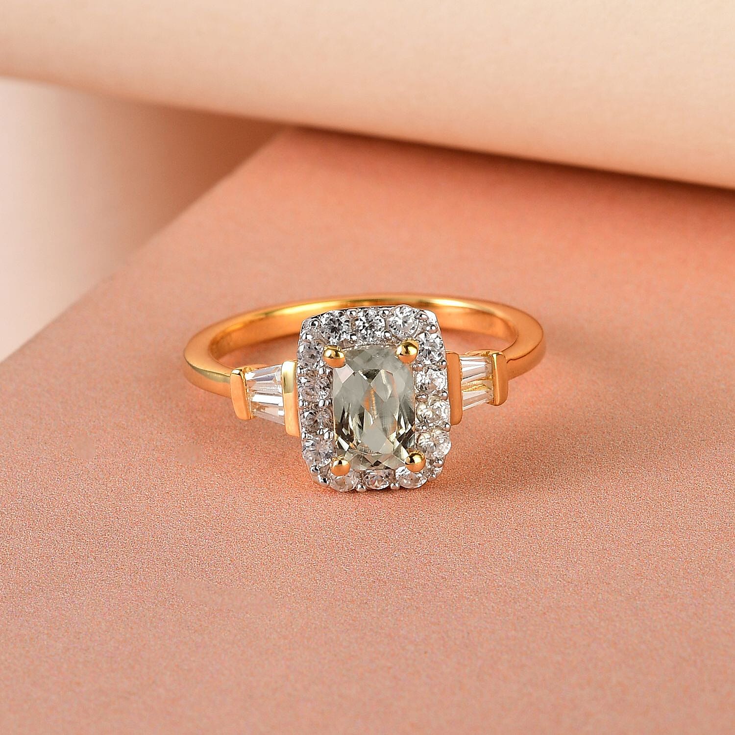 Turkizite and Natural White Zircon Halo Ring in Vermeil Yellow Gold Over Sterling Silver (Size 8.0) 1.15 ctw