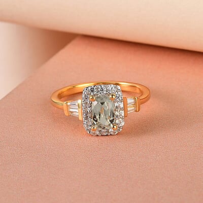 Turkizite and Natural White Zircon Halo Ring in Vermeil Yellow Gold Over Sterling Silver (Size 8.0) 1.15 ctw