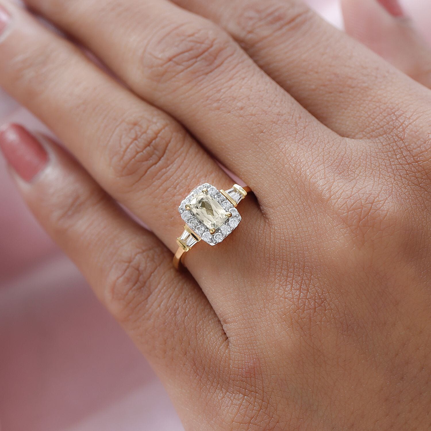 Turkizite and Natural White Zircon Halo Ring in Vermeil Yellow Gold Over Sterling Silver (Size 8.0) 1.15 ctw