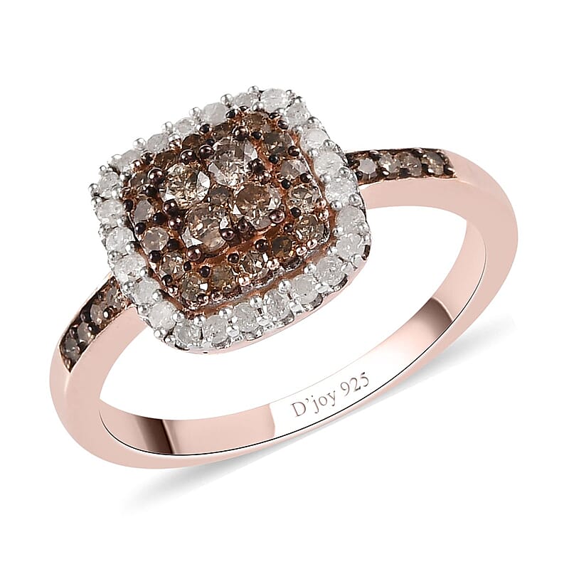 Natural Champagne and White Diamond Ring in Rhodium and Vermeil Rose Gold Over Sterling Silver (Size 10.0) 0.50 ctw