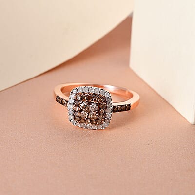 Natural Champagne and White Diamond Ring in Rhodium and Vermeil Rose Gold Over Sterling Silver (Size 10.0) 0.50 ctw