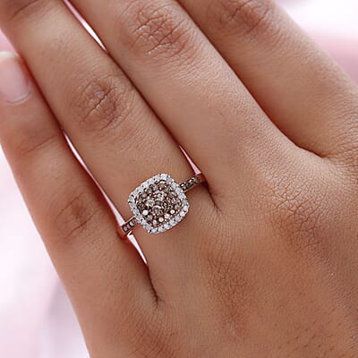 Natural Champagne and White Diamond Ring in Rhodium and Vermeil Rose Gold Over Sterling Silver (Size 10.0) 0.50 ctw