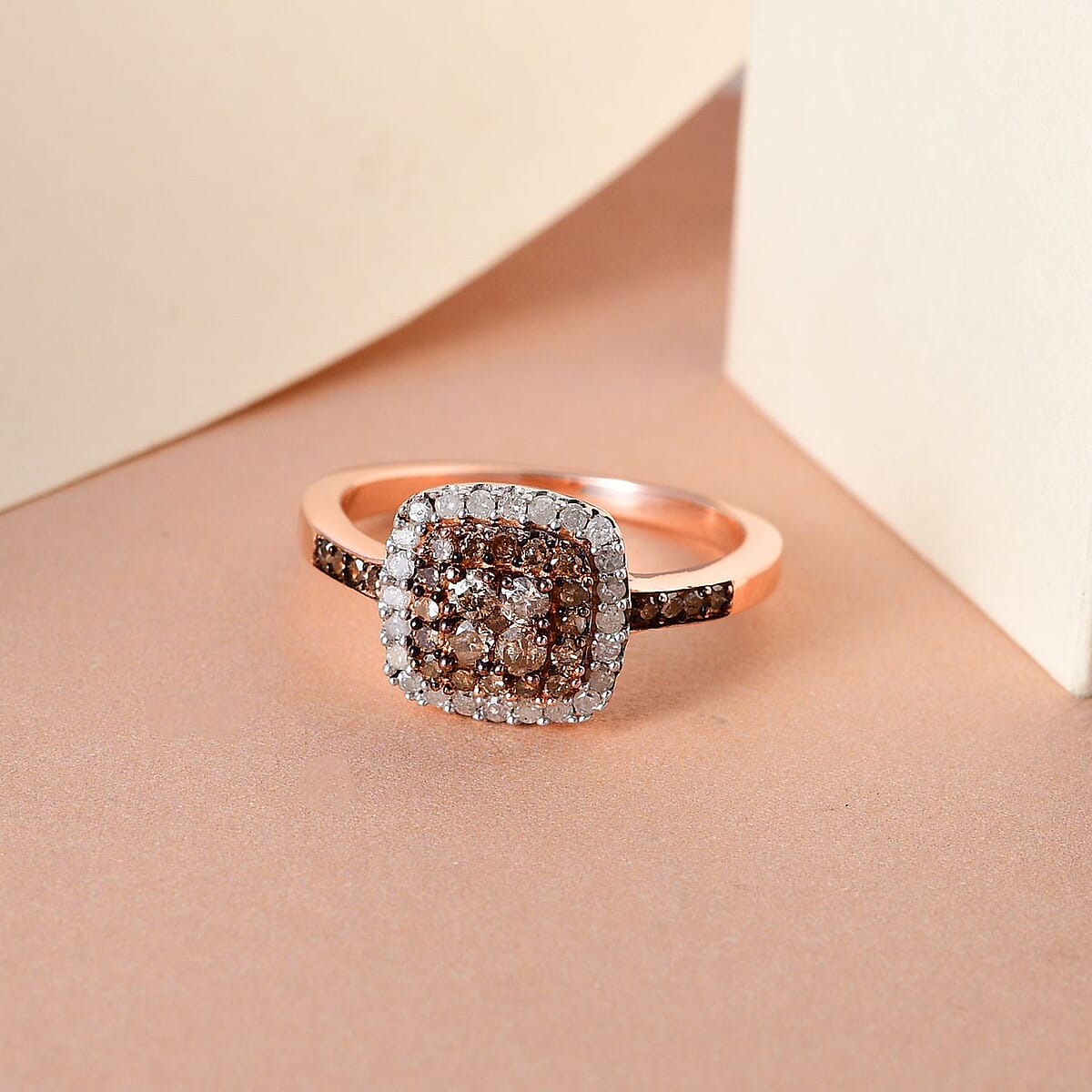 Natural Champagne and White Diamond Ring in Rhodium and Vermeil Rose Gold Over Sterling Silver (Size 7.0) 0.50 ctw image number 1