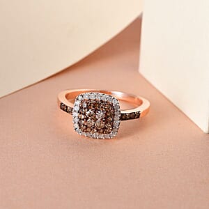 Natural Champagne and White Diamond Ring in Rhodium and Vermeil Rose Gold Over Sterling Silver (Size 7.0) 0.50 ctw