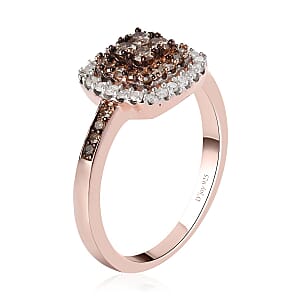 Natural Champagne and White Diamond Ring in Rhodium and Vermeil Rose Gold Over Sterling Silver (Size 7.0) 0.50 ctw