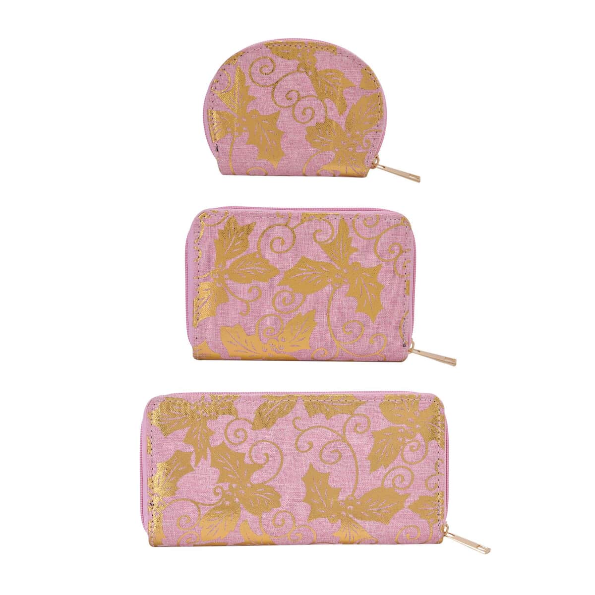 Set of 3 Pink with Golden Leaves Pattern Jute RFID Wallet (7.67"x1.18"x3.74") image number 0