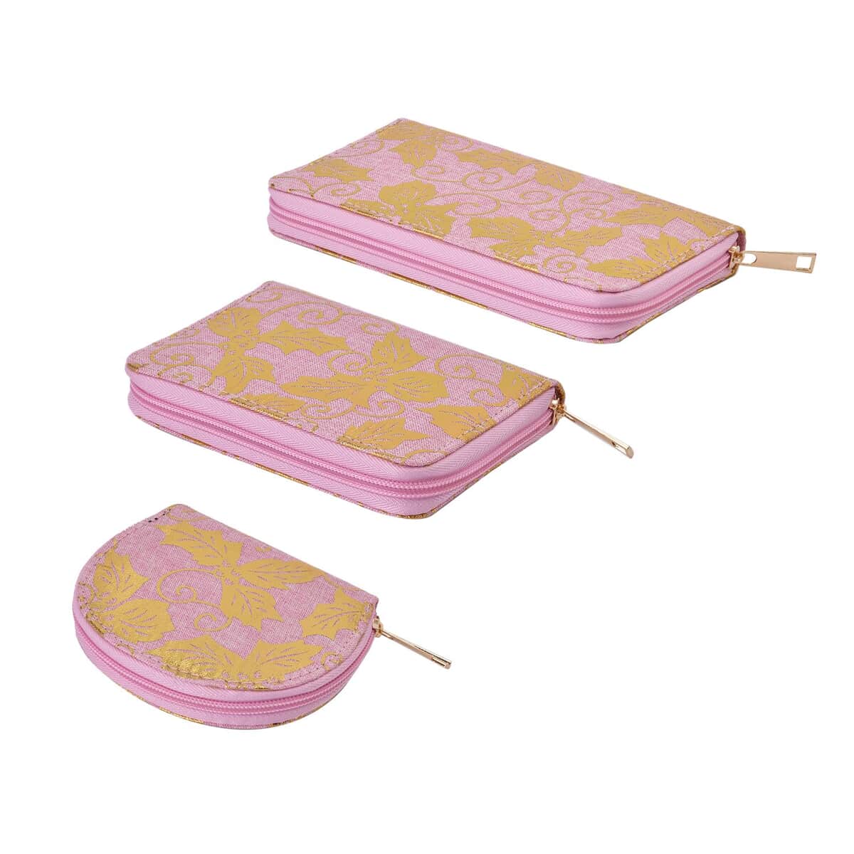 Set of 3 Pink with Golden Leaves Pattern Jute RFID Wallet (7.67"x1.18"x3.74") image number 1