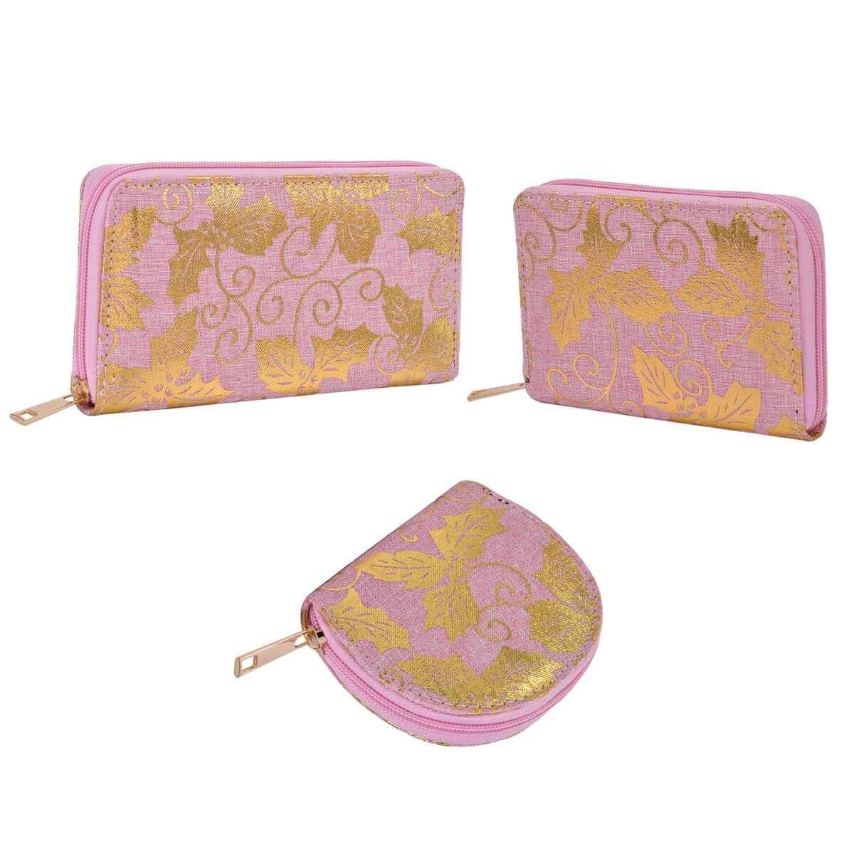 Set of 3 Pink with Golden Leaves Pattern Jute RFID Wallet (7.67"x1.18"x3.74") image number 2