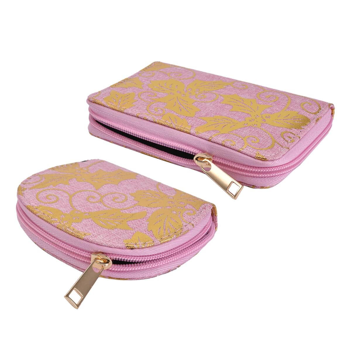 Set of 3 Pink with Golden Leaves Pattern Jute RFID Wallet (7.67"x1.18"x3.74") image number 4