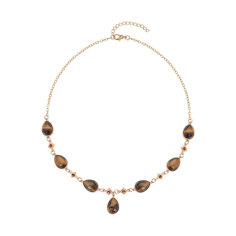 Yellow Tiger's Eye and Brown Austrian Crystal Necklace 20-22 Inches in Goldtone 49.00 ctw