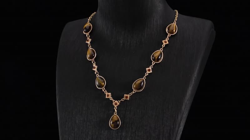 South African Yellow Tiger's Eye and Brown Austrian Crystal Necklace 20 Inches in Goldtone 49.00 ctw